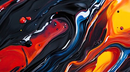 Beautiful abstraction of liquid paints in slow blending flow mixing together gently.