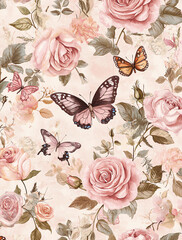vintage roses and butterflies, soft pastel pink floral pattern,