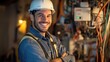 © WS Studio 1985 - Confident Engineer: A portrait of a smiling engineer in a hard hat and work clothes, standing confidently in front of a complex electrical system, highlighting his expertise and passion for his work.