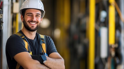 Wall Mural - Confident Industrial Worker: Portrait of a smiling, confident industrial worker in a hardhat and safety harness, showcasing a sense of expertise and dedication.  