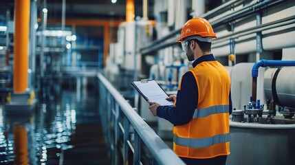 Poster - Water engineer inspecting a water treatment facility, analyzing systems