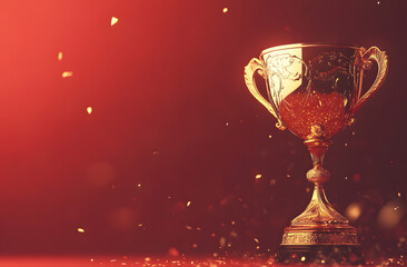 Shiny Golden Trophy with Light Rays and Confetti Against a Dark Background