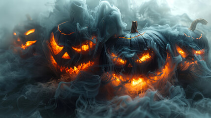 Wall Mural - A night of horrors. Halloween concept. Scary creepy black pumpkins with burning faces in thick gray smoke