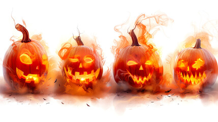 Wall Mural - Happy Halloween. Trick or Treat. Four pumpkins with scary faces and flames around them on a white background