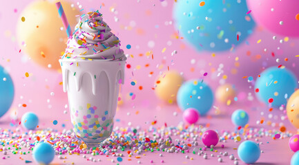 Wall Mural - Colorful milkshake with colorful sprinkles and balloons on a pink background