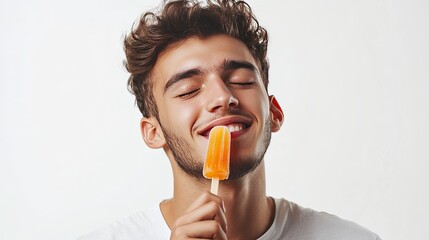 Happy young male with eyes closed eating sweet orange ice lolly enjoying taste on white background