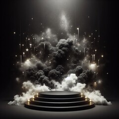 Wall Mural - 3D render of a podium with white smoke under a spotlight on black dark background