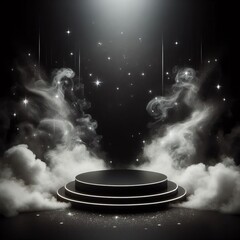 Wall Mural - 3D render of a podium with smoke under a spotlight on black dark background