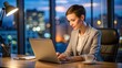 © Chenda - Smiling formal businesswoman suite sort hair lady working laptop cozy office night time shift