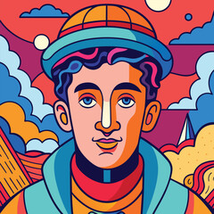 Wall Mural - vector color illustration of young man with a hat and a scarf