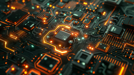 Wall Mural - futuristic tech wallpaper featuring a detailed circuit board pattern with interconnected pathways, glowing chips, and intricate circuitry, technology background, computer motherboard 