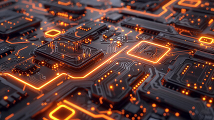 Wall Mural - futuristic tech wallpaper featuring a detailed circuit board pattern with interconnected pathways, glowing chips, and intricate circuitry, technology background, computer motherboard 