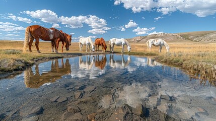 Canvas Print - Horses Drinking from a Mountain Stream