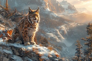 Wall Mural - A Lynx Perched on a Snowy Mountaintop