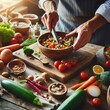 © kptdotx - Focused chef skillfully slices fresh vegetables for vibrant dinner plate