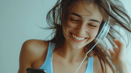 Smiling Woman with Headphones Enjoying Music