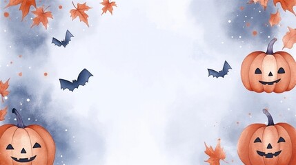 Halloween background with a group of bats flying against orange leaves and blue sky with white clouds