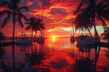 Wall Mural - Stunning Sunset over Calm Water with Palm Trees and Boats