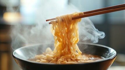 Close Up of Steaming Noodles Being Lifted with Chopsticks