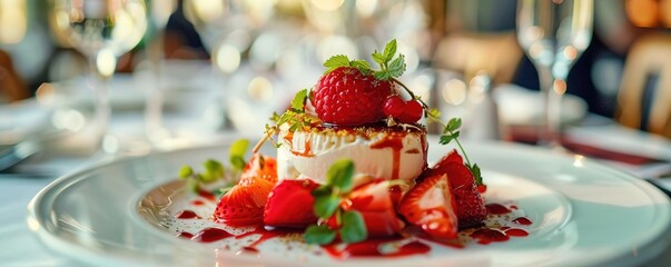 A dessert with strawberries and whipped cream on a white plate