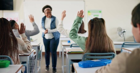 Wall Mural - Hands, question and students in classroom, education and preparing for exam with teacher, learning and college. Answer, person and feedback of professor, knowledge and listening in university