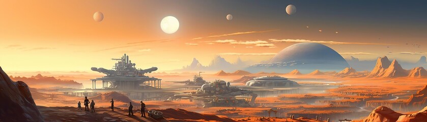 Sticker - Alien Landscape with a Futuristic City and a Distant Planet