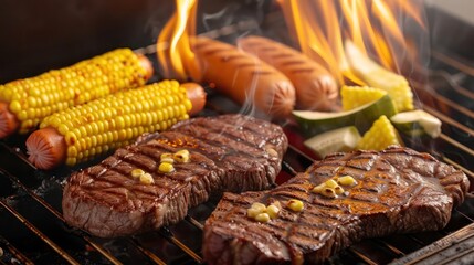 Minimalist and elegant scene of two succulent beef steaks sizzling on the grill alongside fresh corn and hotdogs, with flames adding a fiery touch