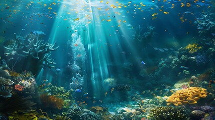 Wall Mural - Scene of an aquatic ocean with rays of sunlight and an underwater deep