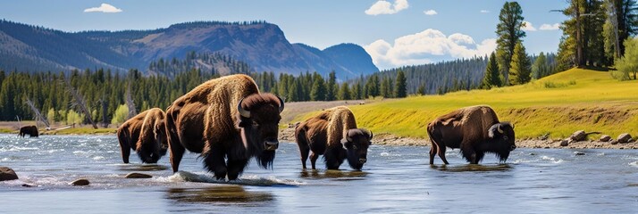 Wall Mural - Bison Herd Crossing a River in Yellowstone National Park