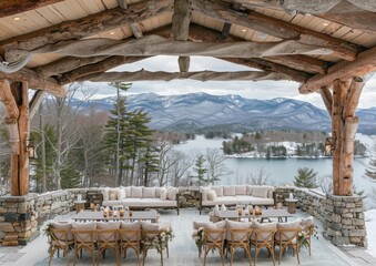 Stunning Rustic Outdoor Pavilion Overlooking Serene Snowy Mountain and Lake View with Elegant Event Setup for Weddings or Gatherings