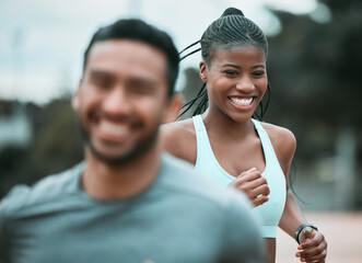 Wall Mural - Outdoor, man and woman with running for fitness, exercise and training for workout challenge. Runner, energy and people as couple for support, motivation and wellness for marathon with partnership