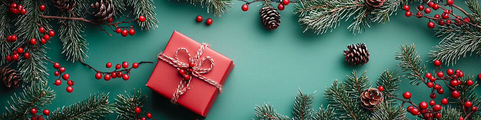 Wall Mural - Christmas background with red gift box, pine branches and berries on green background, generative AI