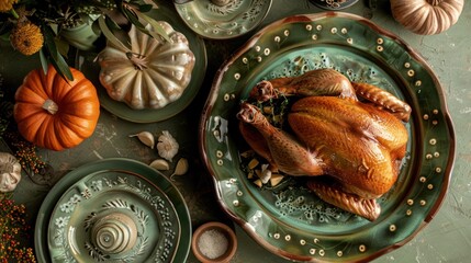 Thanksgiving turkey with garlic cloves, earthy green table decor, and handmade pottery plates, cozy and inviting meal setting