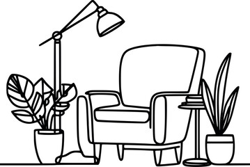 Continuous one line drawing with potted plants Scandinavian stylish furniture in simple linear style illustration on white background generated Ai