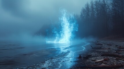 Canvas Print - Mystical Blue Flame in a Foggy Lake