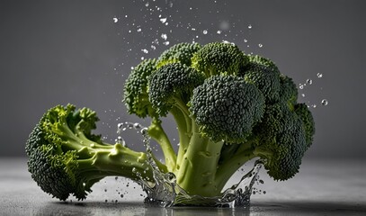 Wall Mural - A green broccoli in a fresh splash of water isolated on a transparent white background