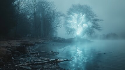 Canvas Print - Mystical Tree Glowing in a Misty Forest