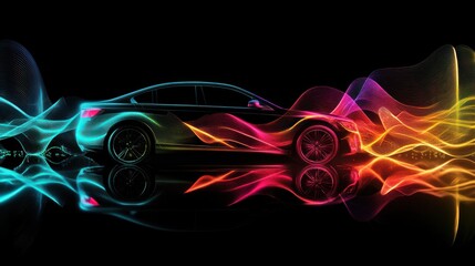 Black Car Surrounded by Vibrant Neon Waves