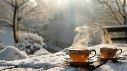 Steaming tea with a lovely backdrop of snowy scenery