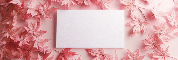 Poster - A white card with a pink maple leaves background, generative AI