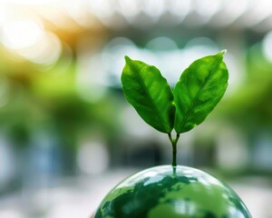 A vibrant green plant grows on a globe, symbolizing sustainability and the importance of environmental conservation.