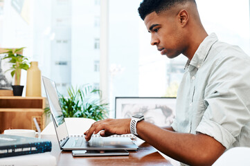 Wall Mural - Man, typing and laptop at desk for business, creativity and article for startup in office. Blog, journalist and technology for social media and writing or email for career or connection in workplace