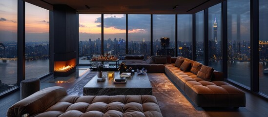 Sticker - Modern Living Room with Stunning City Skyline View