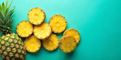 Fresh pineapple slices on a vibrant, pure colour background, pineapple, tropical, fruit, sweet, juicy, slices, yellow, healthy