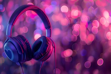 headphones with a purple and pink bokeh background