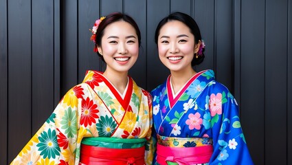 Two Japanese women wearing traditional Japanese kimono or yukata is happy and cheerful. Japanese traditional summer dress.