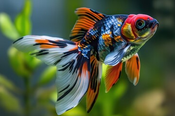 Close-up of a colorful goldfish with red, black, white, and orange scales swimming in a green water tank.