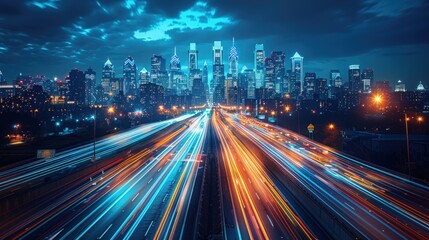 Wall Mural - Cityscape with Light Trails at Night.