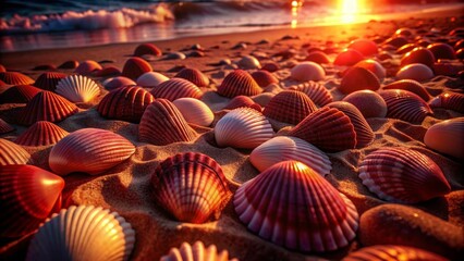 Wall Mural - Sunset Seashells on Sandy Beach - A serene beach scene with the warm sunset casting a golden glow over seashells scattered across the sand, symbolizing tranquility, nature's beauty, coastal living, su