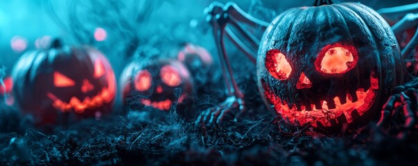 Spooky Halloween pumpkins with glowing faces in a dark, misty setting, creating an eerie atmosphere for festive decoration.